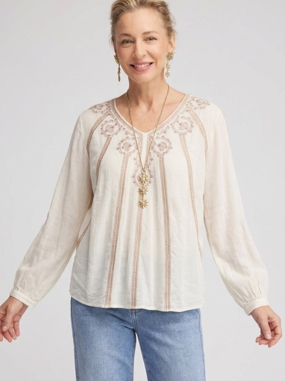 Chicos Size 3 Cream embroidered and beaded flowy lined blouse